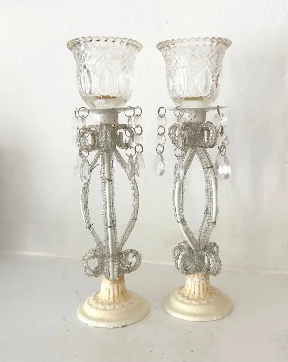 Vintage Pair Beaded Wire Votive Candle Holder Crystal Cut Glass Cottage Shabby